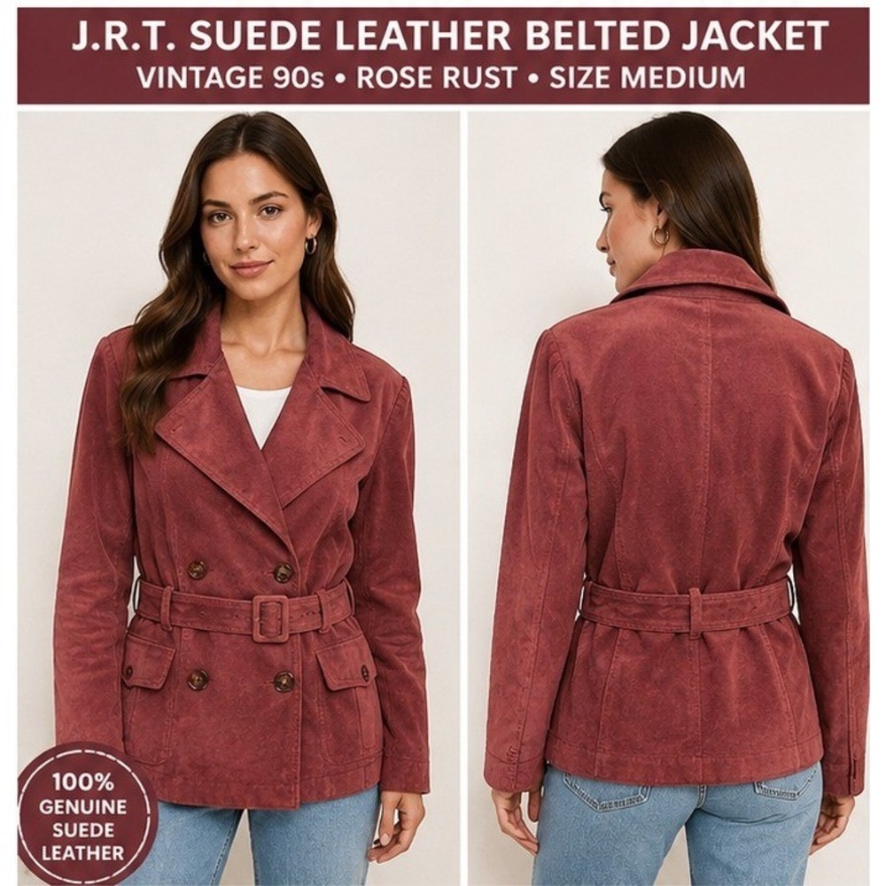 J·R·T Suede Leather Jacket Womens M  Boho Western Belted Trench Coat